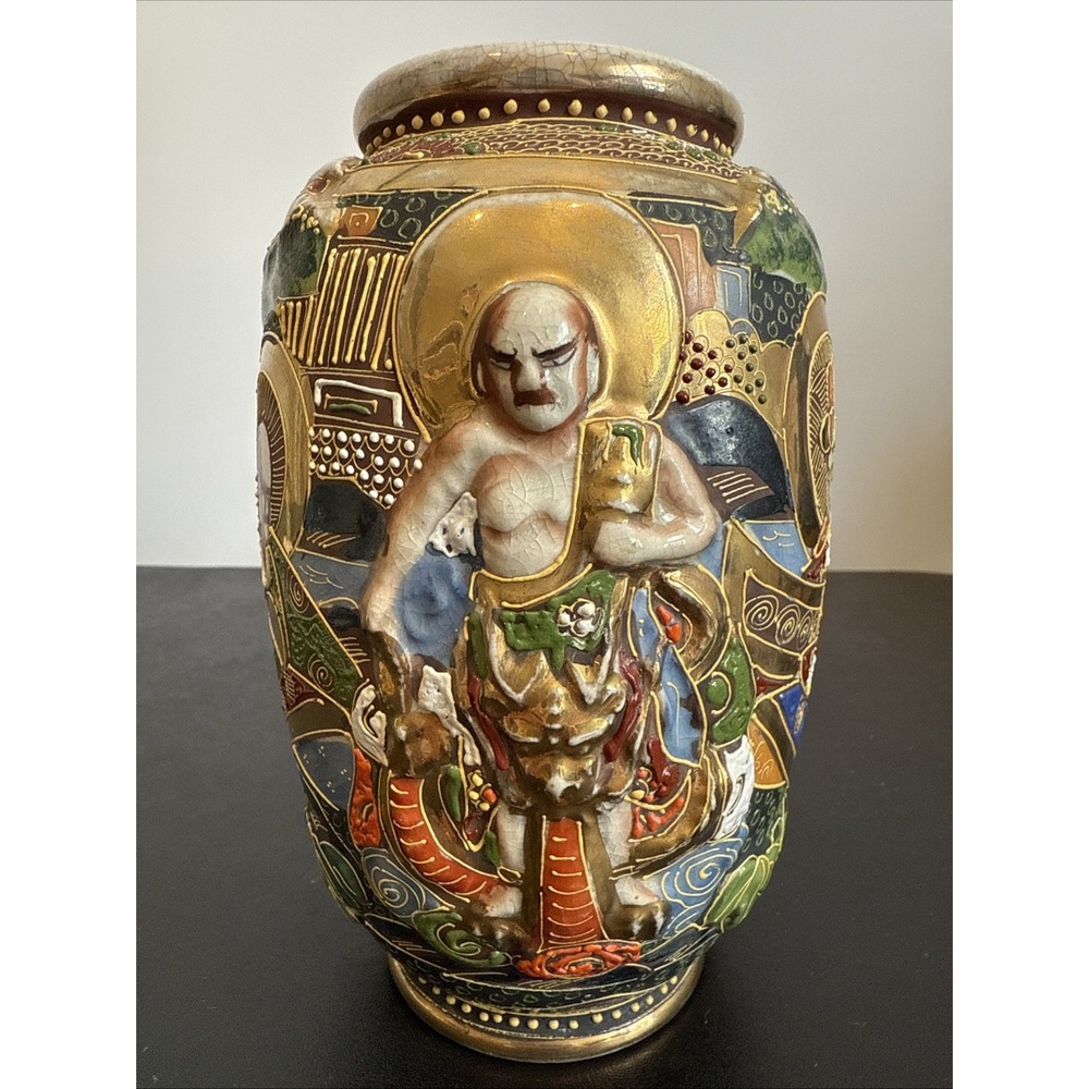 Antique Japanese Intricate Raised Enamel Moriage Satsuma Vase 6 Immortals Dragon